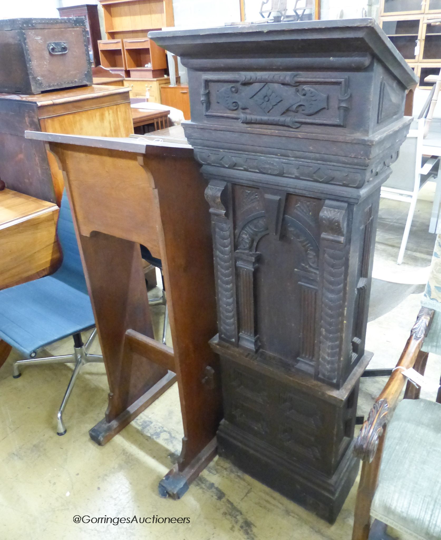 A Victorian carved oak lecturn, H-143 together with one other.